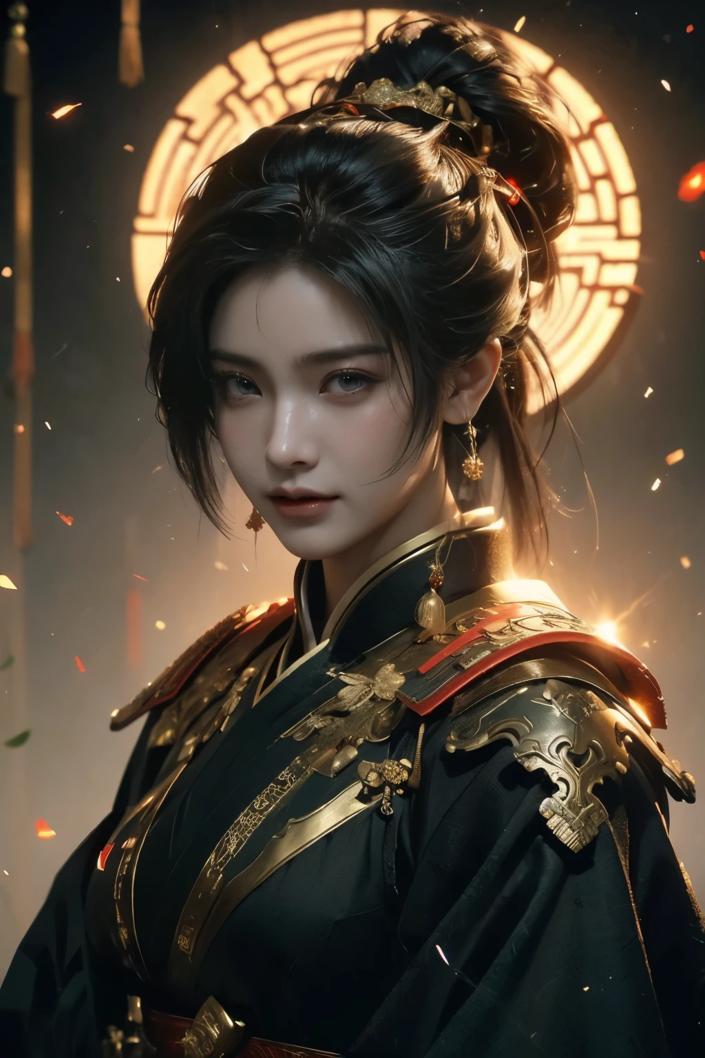 Game art，The best picture quality，Highest resolution，8K，(A bust photograph)，(Portrait from bust:1.5)，(Head close-up)，(Rule of thirds)，Unreal Engine 5 rendering works， (The Girl of the Future)，(Female Warrior)， 
20-year-old girl，(The warrior in ancient China)，(Short ponytail hairstyle)，An eye rich in detail，(Big breasts)，Elegant and noble，indifferent，(Smile)，
(The costume of Chinese swordsman elements，Costumes of ancient Chinese characters，Armor，The costume is red and gold，Heavy armour，Joint Armor)，(Chinese Hanfu:1.3)，figure，Fantasy style，
Photo poses，Field background，Movie lights，Ray tracing，Game CG，((3D Unreal Engine))，oc rendering reflection pattern