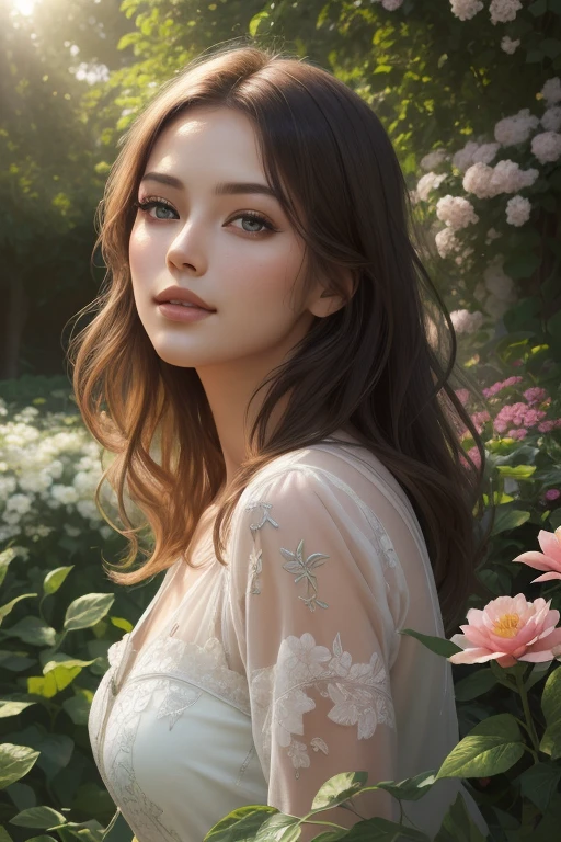 A girl in a garden,Illustration,Schöne, detaillierte Augen,schöne detaillierte Lippen,extrem detaillierte Augen und Gesicht,lange Wimpern,(beste Qualität,4k,8k,highres,Meisterwerk:1.2),ultra-detailliert(fotorealistisch:1.37),HDR,UHD,Studiobeleuchtung,physikalisch basiertes Rendering,äußerst detaillierte Beschreibung,Fachmann,lebendige Farben,Porträts,bokeh,Grün,üppige Vegetation,Schwimmende Blumen,Sonnenlicht strömt durch die Bäume,sanfte und warme Farbtöne,leuchtende Haut,leichte Briese.