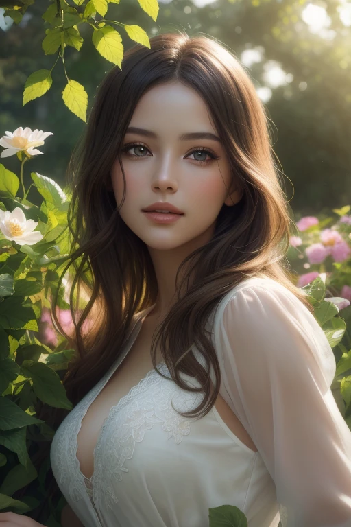 A girl in a garden,Illustration,Schöne, detaillierte Augen,schöne detaillierte Lippen,extrem detaillierte Augen und Gesicht,lange Wimpern,(beste Qualität,4k,8k,highres,Meisterwerk:1.2),ultra-detailliert(fotorealistisch:1.37),HDR,UHD,Studiobeleuchtung,physikalisch basiertes Rendering,äußerst detaillierte Beschreibung,Fachmann,lebendige Farben,Porträts,bokeh,Grün,üppige Vegetation,Schwimmende Blumen,Sonnenlicht strömt durch die Bäume,sanfte und warme Farbtöne,leuchtende Haut,leichte Briese.