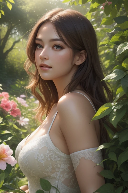 Una niña en un jardín.,ilustración,hermosos ojos detallados,hermosos labios detallados,ojos y rostro extremadamente detallados,Pestañas largas,(mejor calidad,4k,8K,alta resolución,obra maestra:1.2),ultra detallado(Fotorrealista:1.37),hdr,HD,iluminación de estudio,renderizado basado físicamente,descripción detallada extrema,Profesional,colores vívidos,retratos,bokeh,verdor,Vegetación exhuberante,flores flotantes,luz del sol fluyendo a través de los árboles,tonos de colores suaves y cálidos,piel brillante,suave brisa.