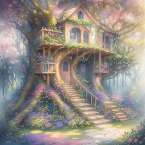 A dreamy fairy treehouse,natural,serene,softly connected trees in the courtyard,pink,purple,and emerald green flowers,light pour...