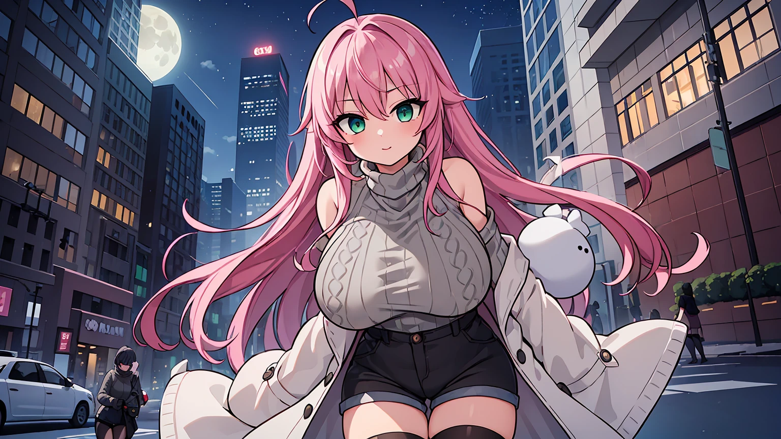 (masterpiece,best quality, detailed,hires:1.4),portrate,1girl,standing,16yo,(solo:1.4),detailed background,new york,downtown street,messy background,winter city scape,lined with modern skyscrapers,(street:1.3),(big moon,detailed full moon,night sky,wide sky,fine sky),BREAK,super dericate hair,ahoge,pink hair,long hair,detailed face,(green eyes),beautiful detailed eyes,sparkling eyes,big eyes,tareme,bloom,glowing,glowing skin,(colossal breast:1.4),BREAK,(put on white long coat,with white fur:1.4),BREAK, (gray turtleneck sweater:1.48),BREAK,(denim short shorts:1.2), (black stockings:1.4),(brown long boots:1.2),close up breast,(happy:1.4),blush,(head to crotch,below the knee and feet are out of sight:1.4),from below,