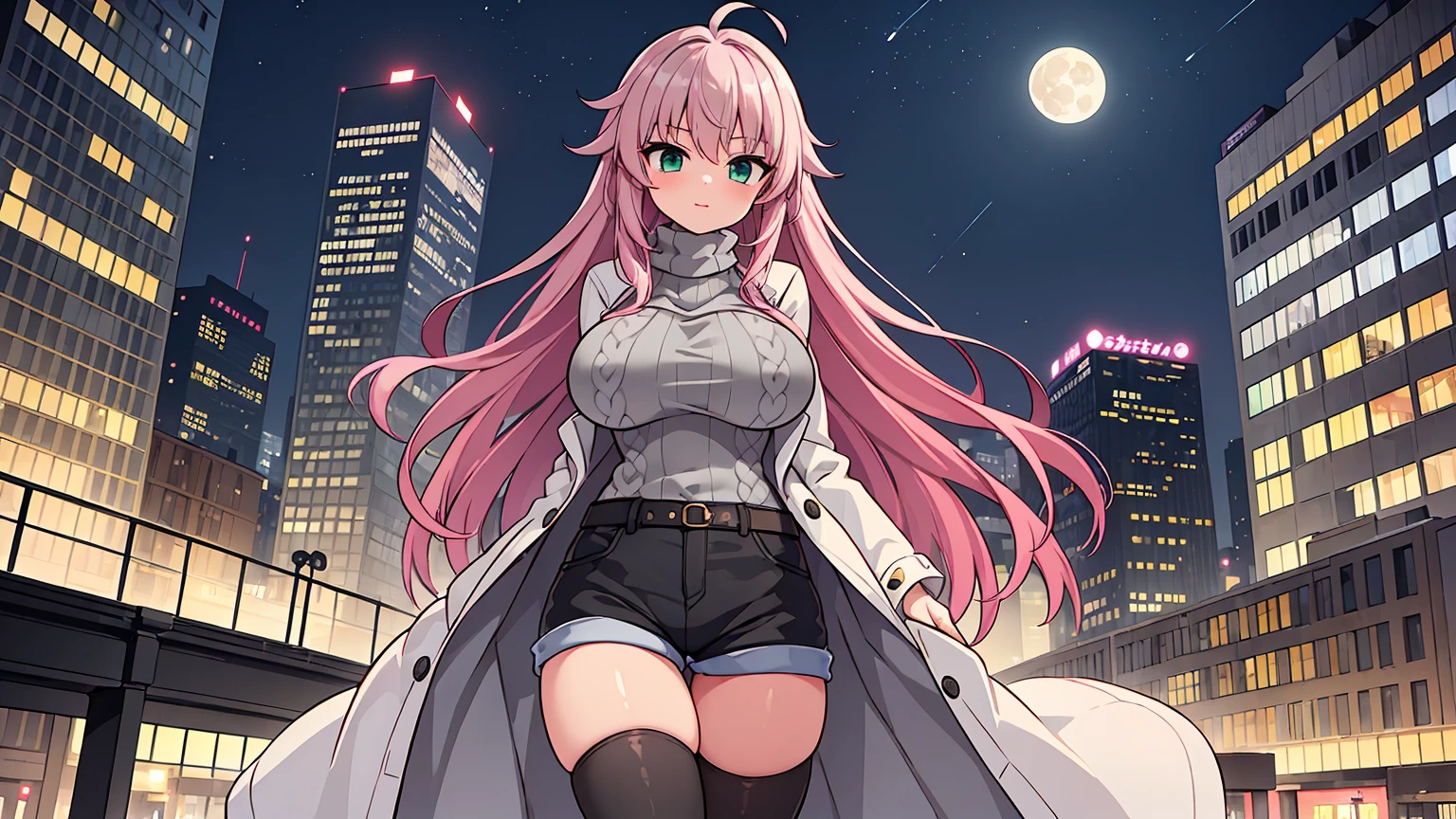 (masterpiece,best quality, detailed,hires:1.4),portrate,1girl,standing,16yo,(solo:1.4),detailed background,new york,downtown street,messy background,winter city scape,lined with modern skyscrapers,(street:1.3),(big moon,detailed full moon,night sky,wide sky,fine sky),BREAK,super dericate hair,ahoge,pink hair,long hair,detailed face,(green eyes),beautiful detailed eyes,sparkling eyes,big eyes,tareme,bloom,glowing,glowing skin,(colossal breast:1.4),BREAK,(put on white long coat,with white fur:1.4),BREAK, (gray turtleneck sweater:1.48),BREAK,(denim short shorts:1.2), (black stockings:1.4),(brown long boots:1.2),close up breast,(happy:1.4),blush,(head to crotch,below the knee and feet are out of sight:1.4),from below,