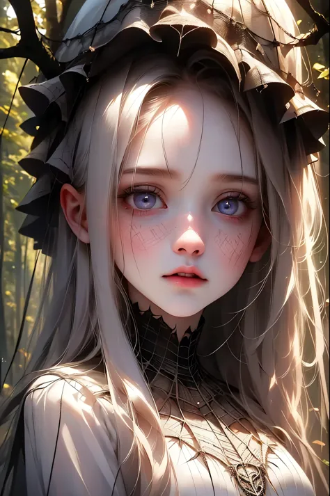 A girl caught in a spider web,illustration,high-res,best quality,realistic,extremely detailed,fearful expression,pale white skin...