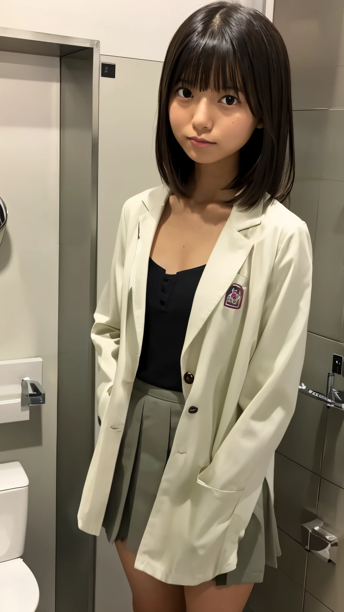 A close up of a woman standing in a bathroom near a toilet - SeaArt AI