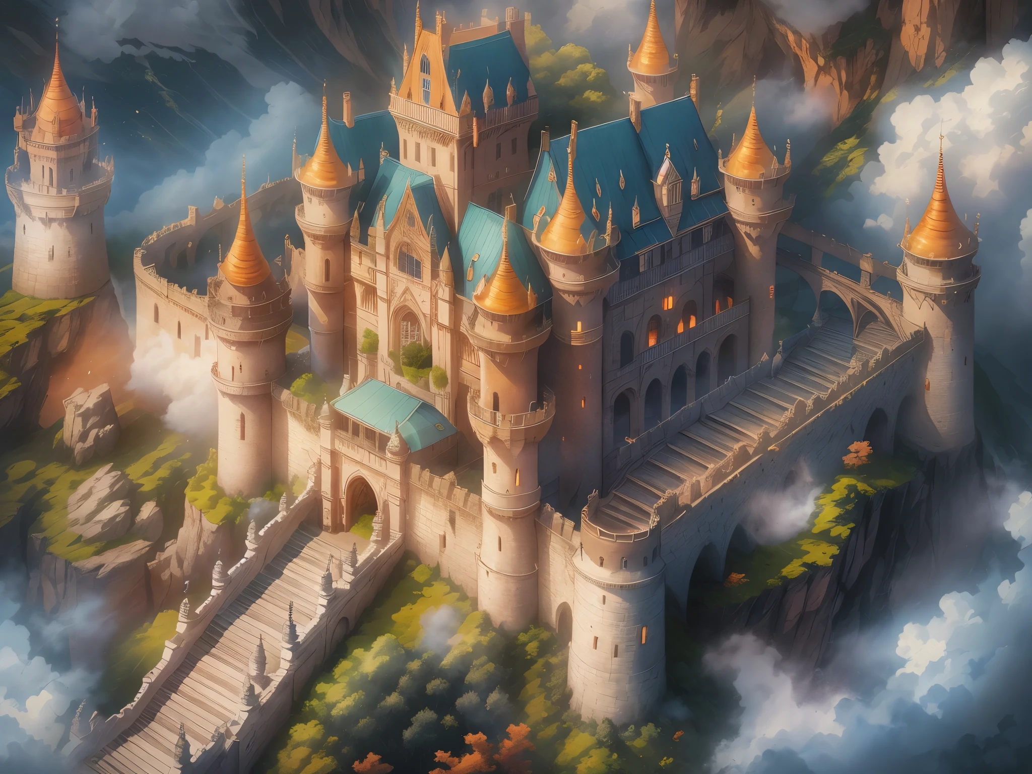 Un château entouré de nuages, magnifique architecture, illustrations, super détails, Réaliste: 1.37, Couleurs vives, éclairage doux