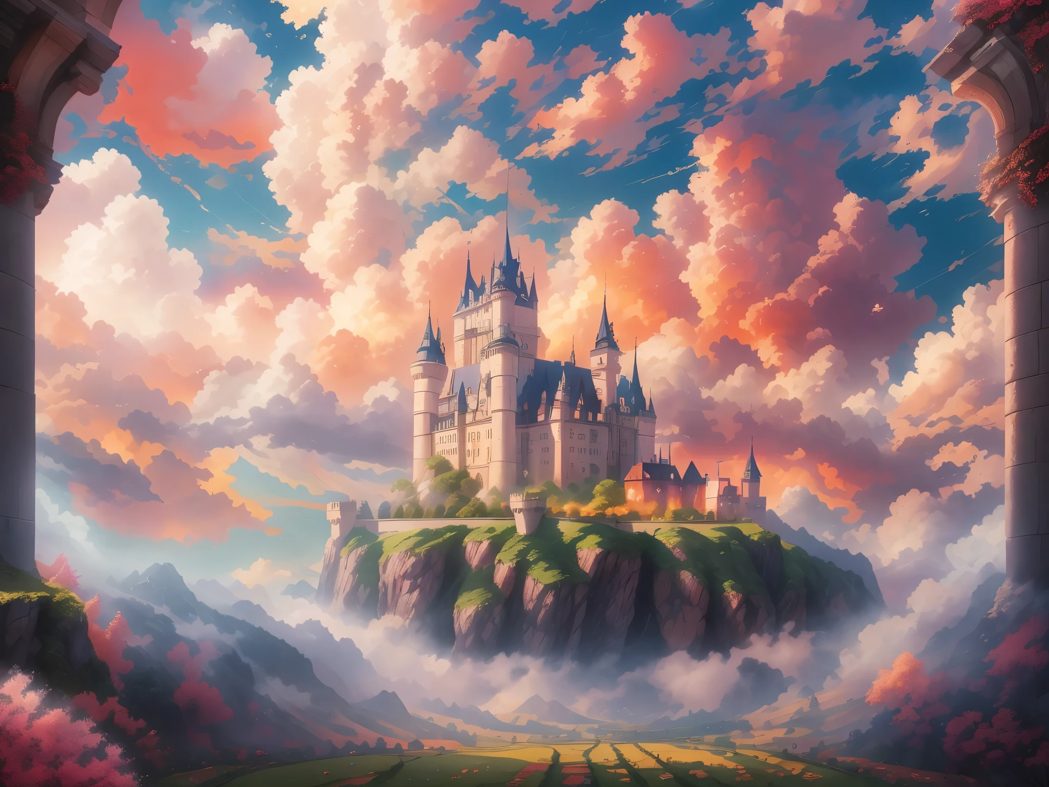 Um castelo cercado por nuvens, arquitetura magnífica, Obra de arte, melhor qualidade, Super detalhes, realista: 1.37, cores vivas, iluminação suave