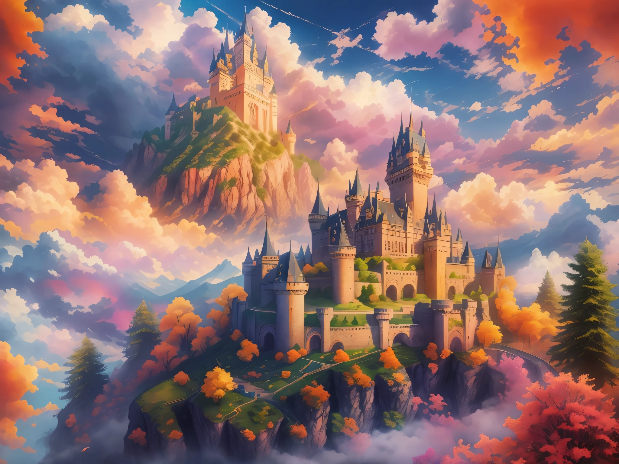 Un château entouré de nuages, magnifique architecture, chef-d&#39;œuvre, Meilleure qualité, super détails, Réaliste: 1.37, Couleurs vives, éclairage doux