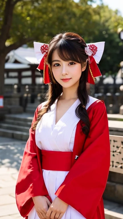 roupa de donzela do santuário,Peito grande, obra de arte, mais alta qualidade, super detalhado, forma, olhos lindos e detalhados, fechar, 1 garota, linda garota japonesa,O comprimento do cabelo é longo,Em pé em frente ao santuário,foto de corpo inteiro,vertical