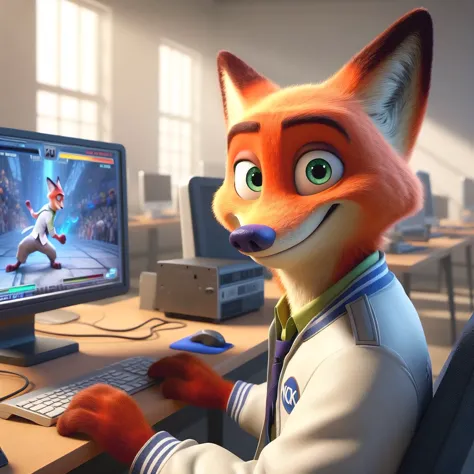 Nick Wilde alone looking at the viewer expression of a happy 28 year old young adult sitting near the PC playing a game of King of Fighters 2003 wearing a white uniform wearing a blue jacket wearing a headset a realistic room background 