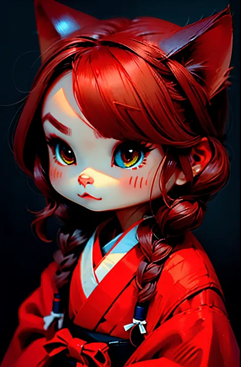 kawaii chibi cat girl, with brown hair tied in one single braid, dressed with red kimono, UHD, 8k.