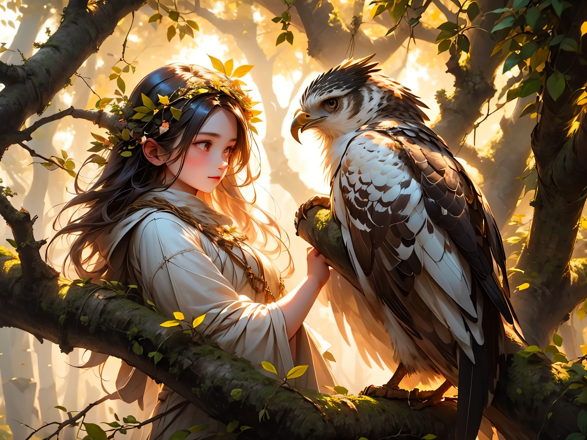 girl in a nest,flying hawks around the nest,natural materials,best quality,bright and vivid colors,detailed feathers，natural lighting,realistic scenery,sharp focus,photography,medium:oil painting,hawk's-eye view,texture detail,nest made of branches and leaves,beautiful detailed eyes and face,delicate nest structure,serene expression,peaceful atmosphere,soft sunlight filtering through the branches,warm color palette,subtle shadows highlighting the girl's features,soft breeze rustling the leaves,calm and serene environment