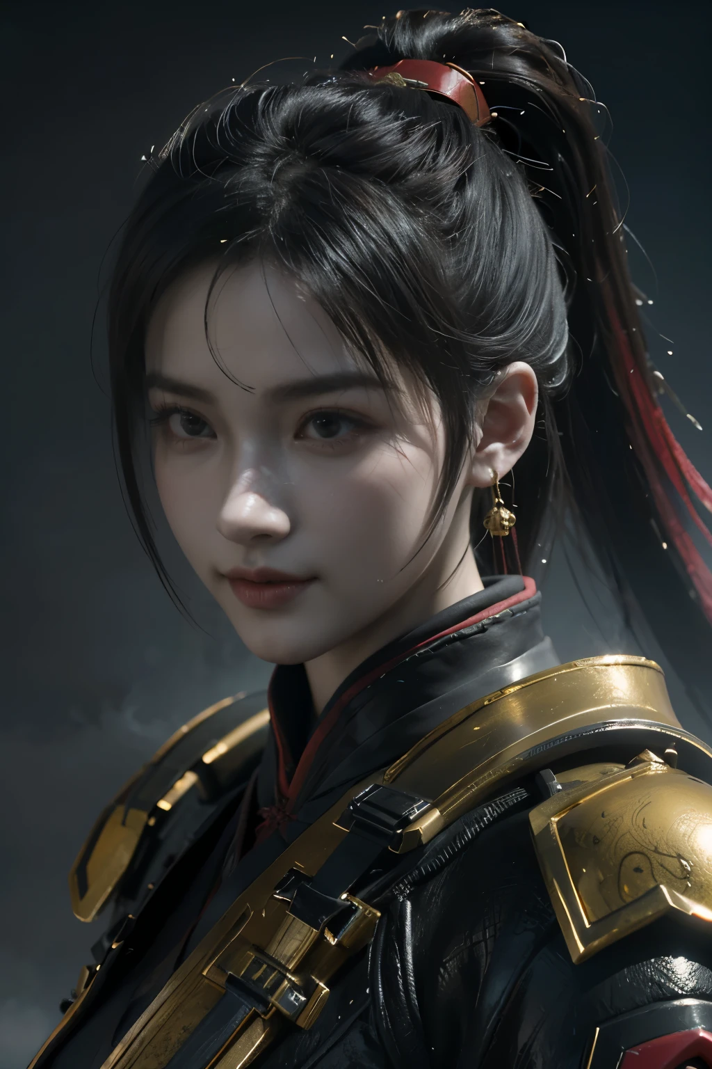 Game art，The best picture quality，Highest resolution，8k，(A bust photograph)，(Portrait from bust:1.5)，(Head close-up)，(Rule of thirds)，Unreal Engine 5 rendering works， (The Girl of the Future)，(Female Warrior)， 
20-year-old girl，(The warrior in ancient China)，(Short ponytail hairstyle)，An eye rich in detail，(Big breasts)，Elegant and noble，indifferent，(Smile)，
(The costume of Chinese swordsman elements，Costumes of ancient Chinese characters，Armor，The costume is red and gold，Heavy armour，Joint Armor)，(Chinese Hanfu:1.3)，figure，Fantasy style，
Photo poses，Field background，Movie lights，Ray tracing，Game CG，((3D Unreal Engine))，oc rendering reflection pattern