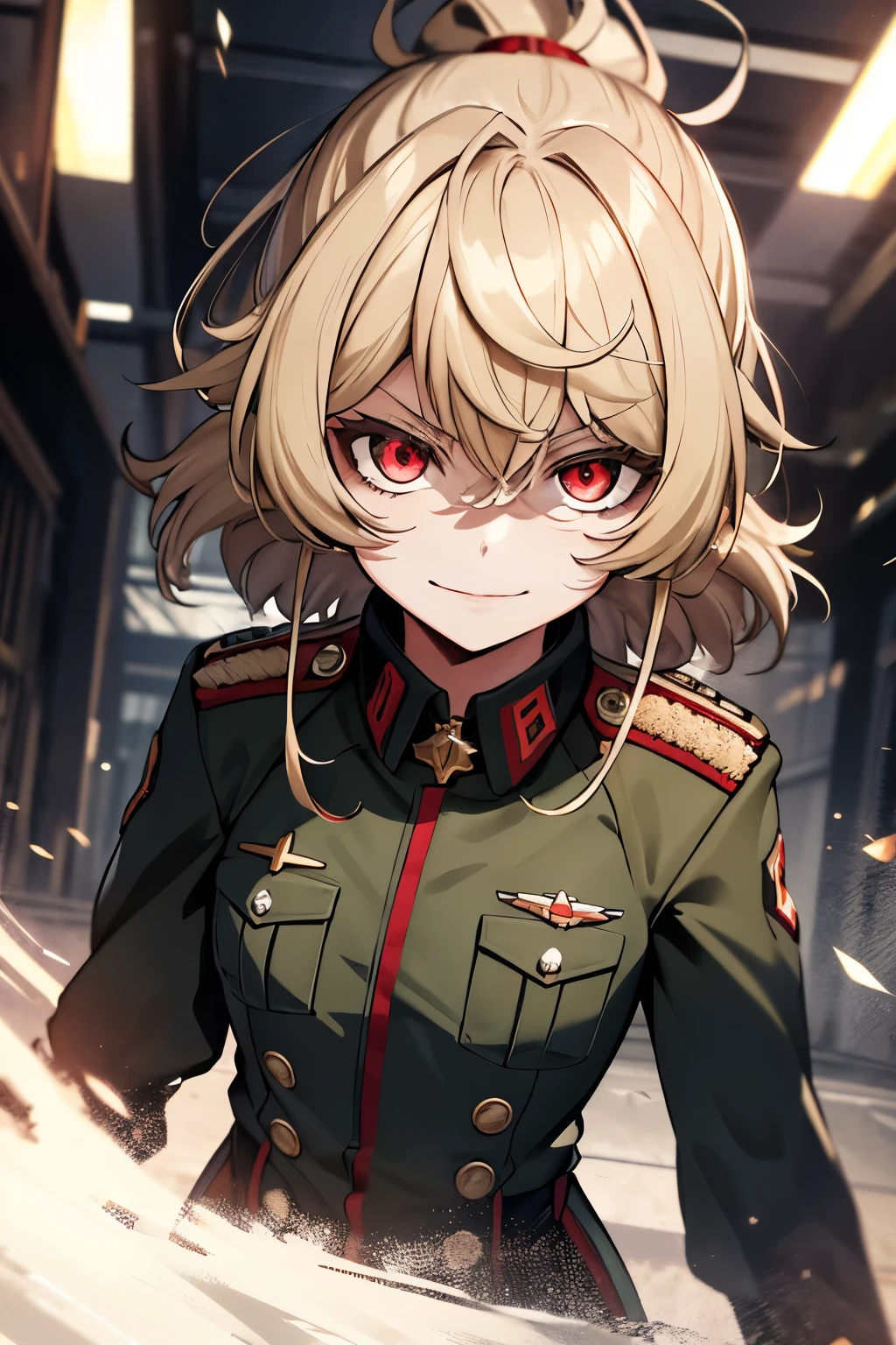 (masterpiece, best quality: 1.1), 1girl solo, tanya, 1girl, solo, , flat chest, small breasts, curvy, military, military uniform, ,, evil smile, wicked expression, anger, red eyes, neutral lighting