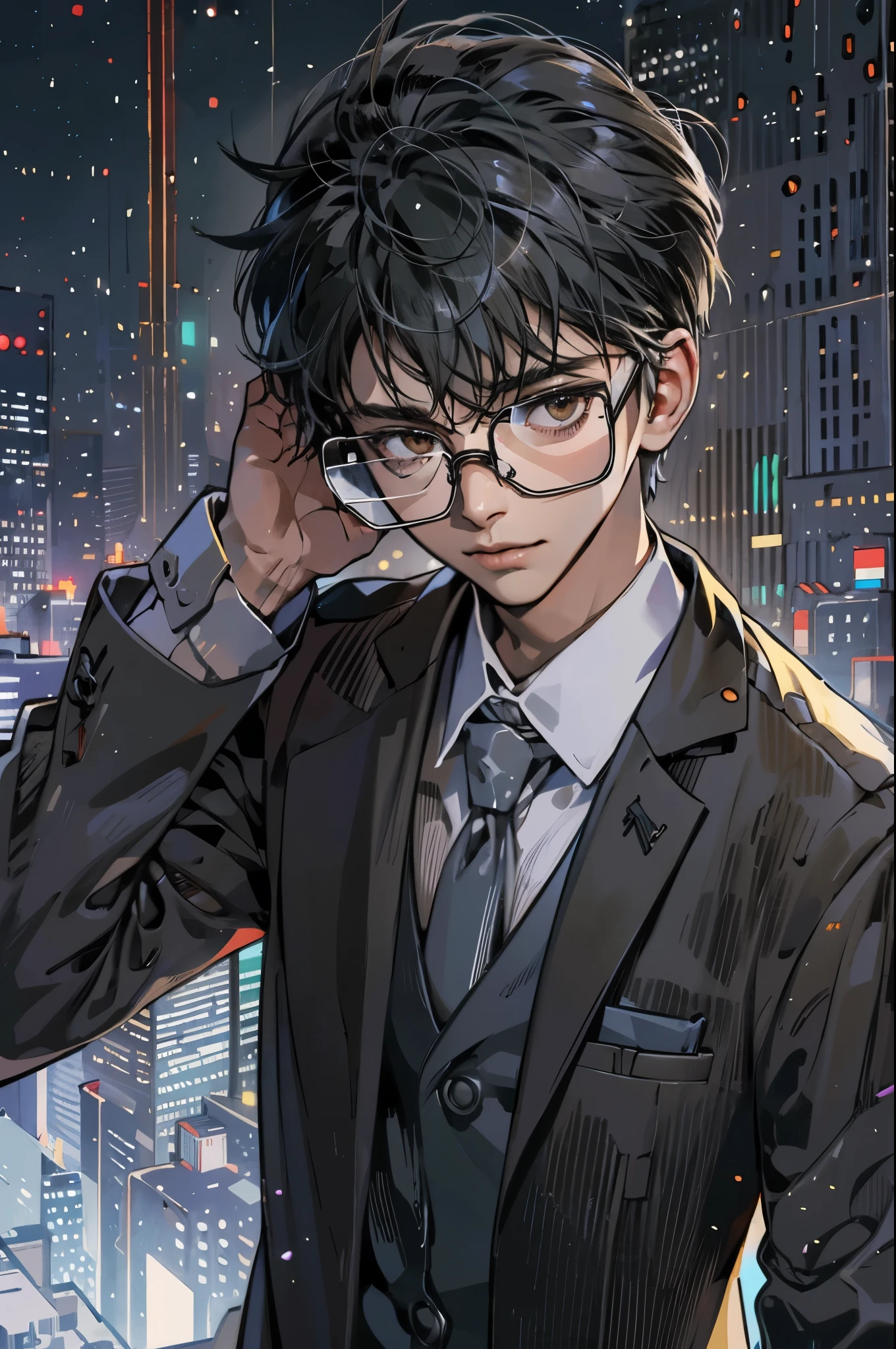 ( highres, ultra detailed, realistic, ), 1 boy,mature, solo, short black hair,  suits,brown eyes,  (glasses)，cyberpunk night sky background, ultra - detailed, best quality, Detailed diagram, vectorized, 8K,  Graphic design, vector lines, Full-HD，upper body