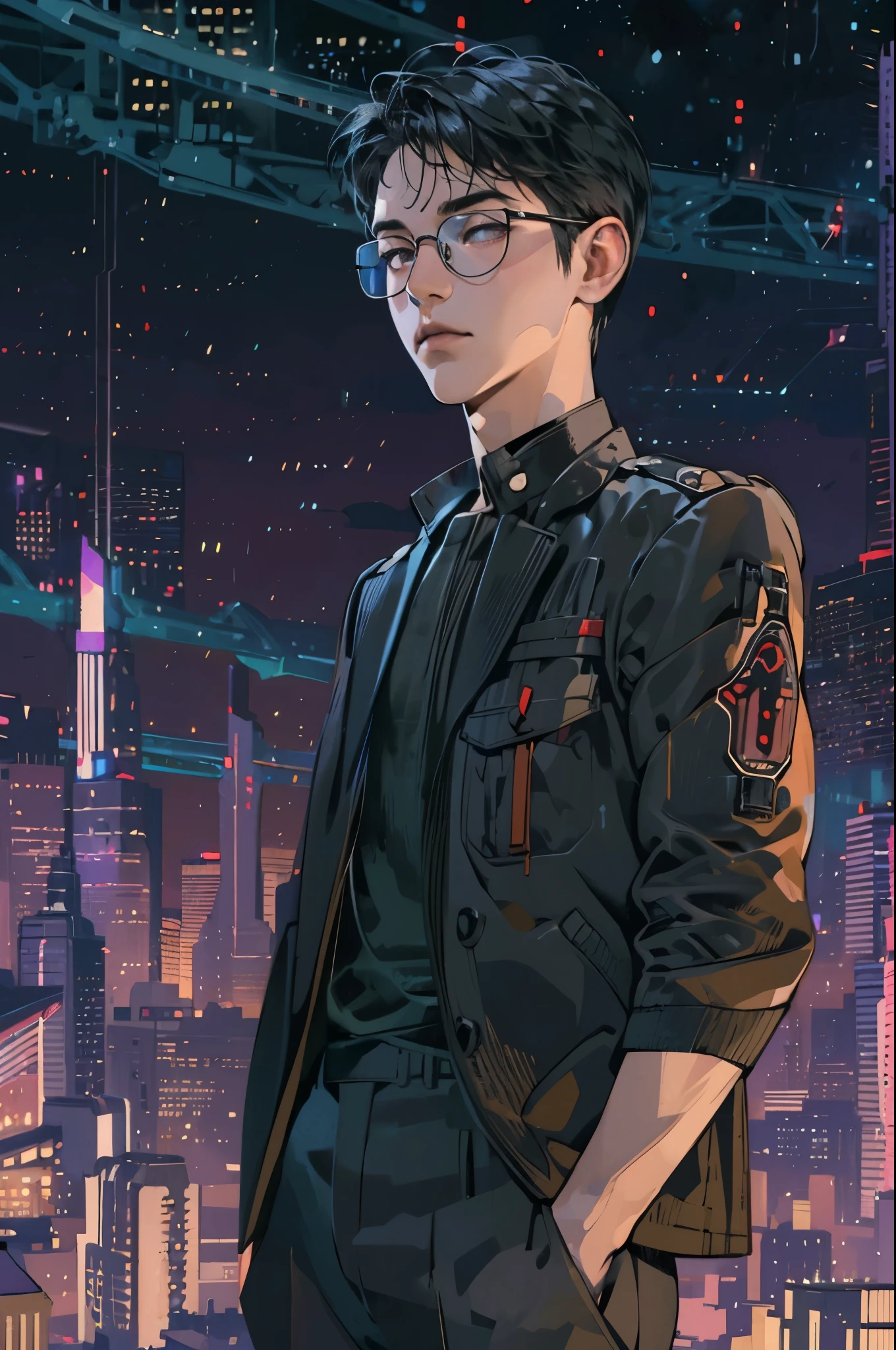 ( highres, ultra detailed, realistic, ), 1 boy,mature, solo, short black hair,  suits,brown eyes,  (glasses)，cyberpunk night sky background, ultra - detailed, best quality, Detailed diagram, vectorized, 8K,  Graphic design, vector lines, Full-HD，upper body