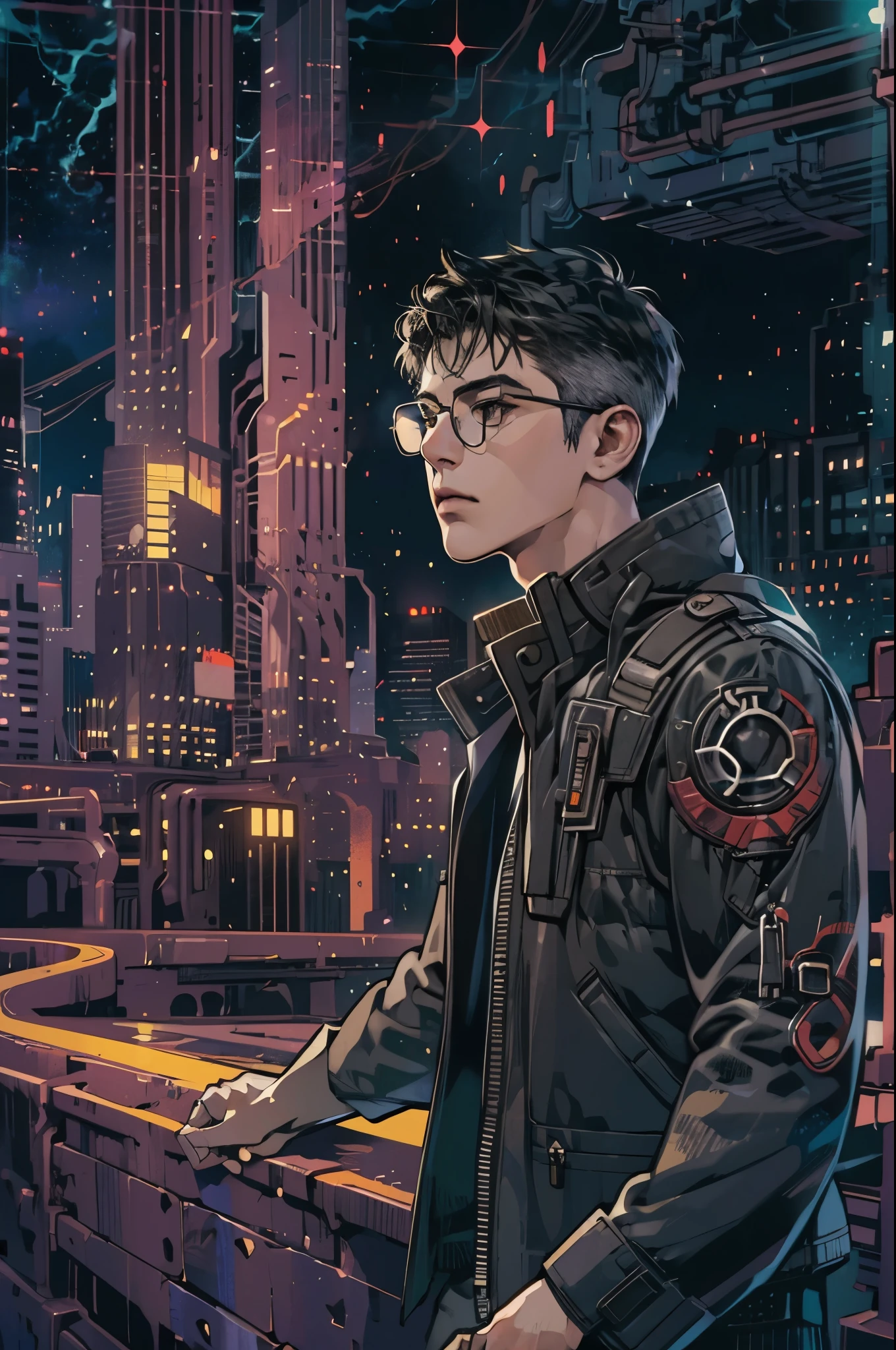 ( highres, ultra detailed, realistic, ), 1 boy,mature, solo, short black hair,  suits,brown eyes,  (glasses)，cyberpunk night sky background, ultra - detailed, best quality, Detailed diagram, vectorized, 8K,  Graphic design, vector lines, Full-HD，upper body