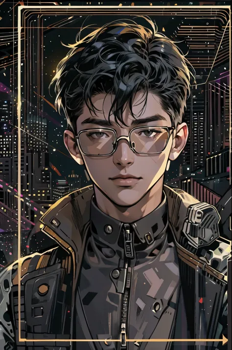 ( highres, ultra detailed, realistic, ), 1 boy,mature, solo, short black hair,  suits,brown eyes,  (glasses)，cyberpunk night sky...