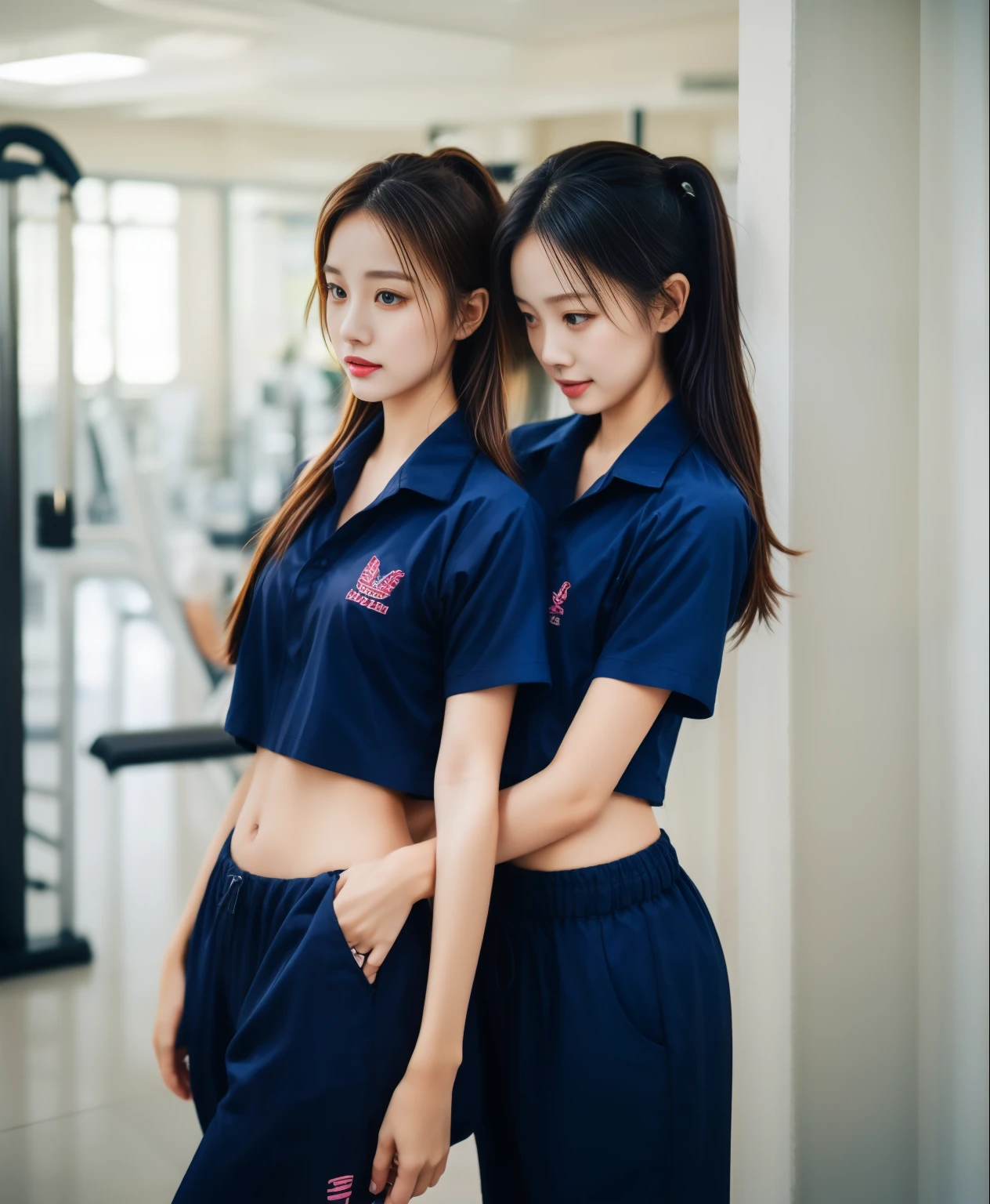 2 girls in the fitness room, Navy blue short-sleeved shirt,Navy Long Trackpant,Sweatpants, Sweatpantsขายาว,25 year old girl, lesbian, sexy, exercise clothes, wet body