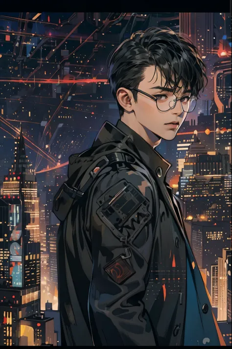 ( highres, ultra detailed, realistic, ), 1 boy,mature, solo, short black hair,  suits,brown eyes,  (glasses)，cyberpunk night sky...