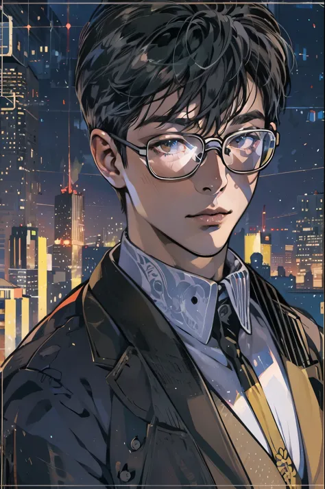 ( highres, ultra detailed, realistic, ), 1 boy,mature, solo, short black hair,  suits,brown eyes,  (glasses)，cyberpunk night sky...