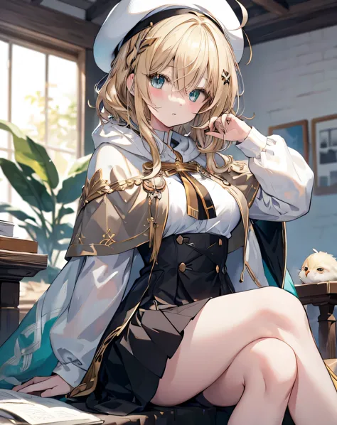 masterpiece,1girl, sparrow, a blonde haired girl, wearing a priestess uniform, curly medium hair, messy hair, black skirt, slim body, wearing golden capelet with white hoody, big breasts, she close her left eye, shirt ornament, lolippai, lovely expression,...