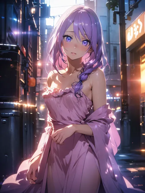 anime style, movieポートレート写真, 1 female, 30 years old, Full body Esbian, small and meager chest, bright purple hair, long hair, pur...