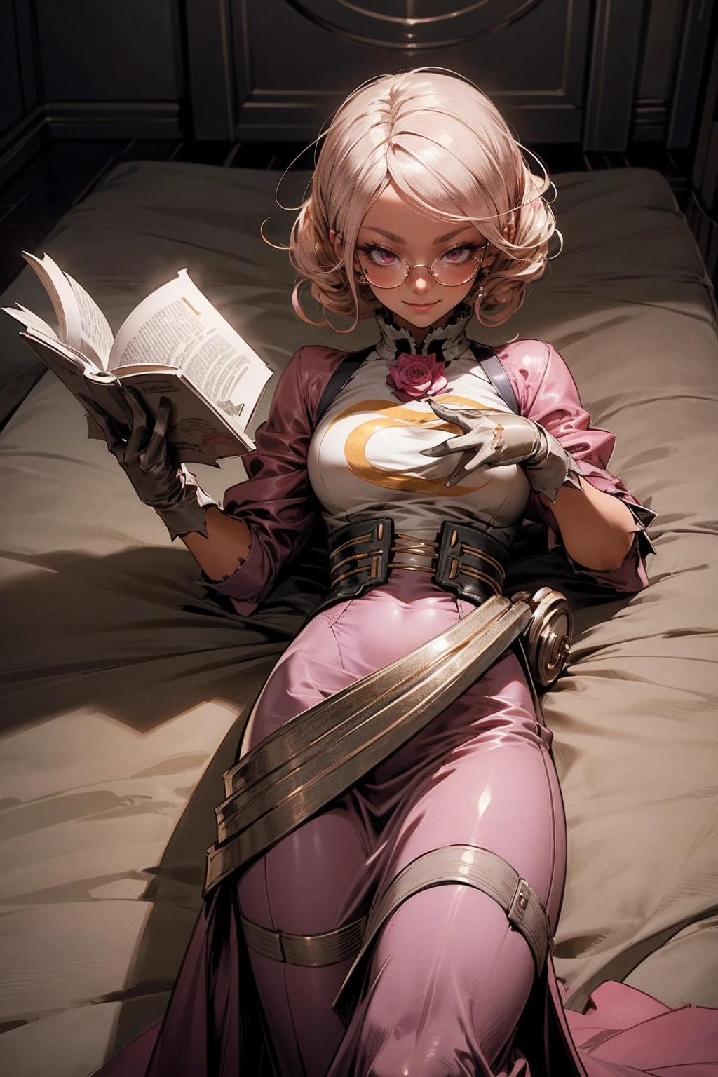 Anime girl tuxedo with curly rose gold hair and round gold glasses, rose gold eyes. Guviz style art, attractive detailed art style, Charlie Bowater Style, 1 7 - year - old cute anime girl, detailed manga style, detailed anime character art, germ of art. High detail, stunning manga art style. Rose dress. (pink dress) . Wearing rose gold Victorian clothing. Dancing, walking, drinking, reading, writing, lying, standing, on your back, dynamic poses, smile, closed mouth. Different Pose.