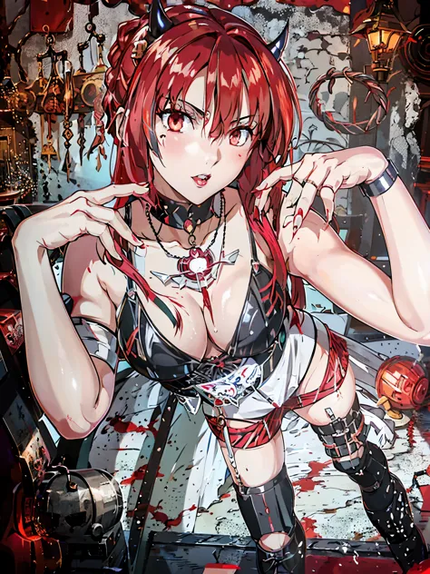 Arab woman with red hair and horns posing for a photo, makeup gremory, Cybergoth, Inspired by Louis Grel, Goscoax, anime girl cosplay, gothic!!, 1 7 - year old anime goth girl, lilith, Also, mika kurai demon, [[Blood]], anime character; full body art, goth...