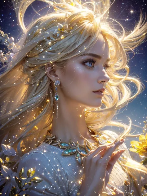 With topaz motif,Pretty, one person, yellow hair, ahoge, hair behind ear, hime cut, crystal hair,  flower,water, pupils sparklin...