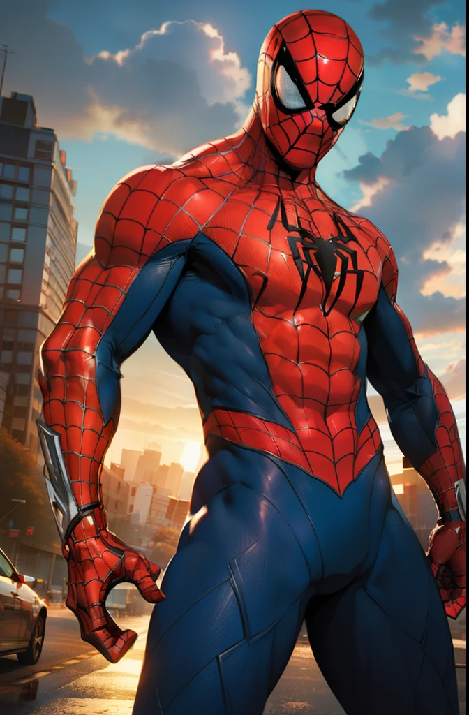 Masterpiece, top quality, high resolution, realistic, cowboy shot, 1 guy, Spiderman, mecha Spiderman, red, blue, transparent, (stance: 1.1), biomechanics, urban, sunset, dramatic lighting,