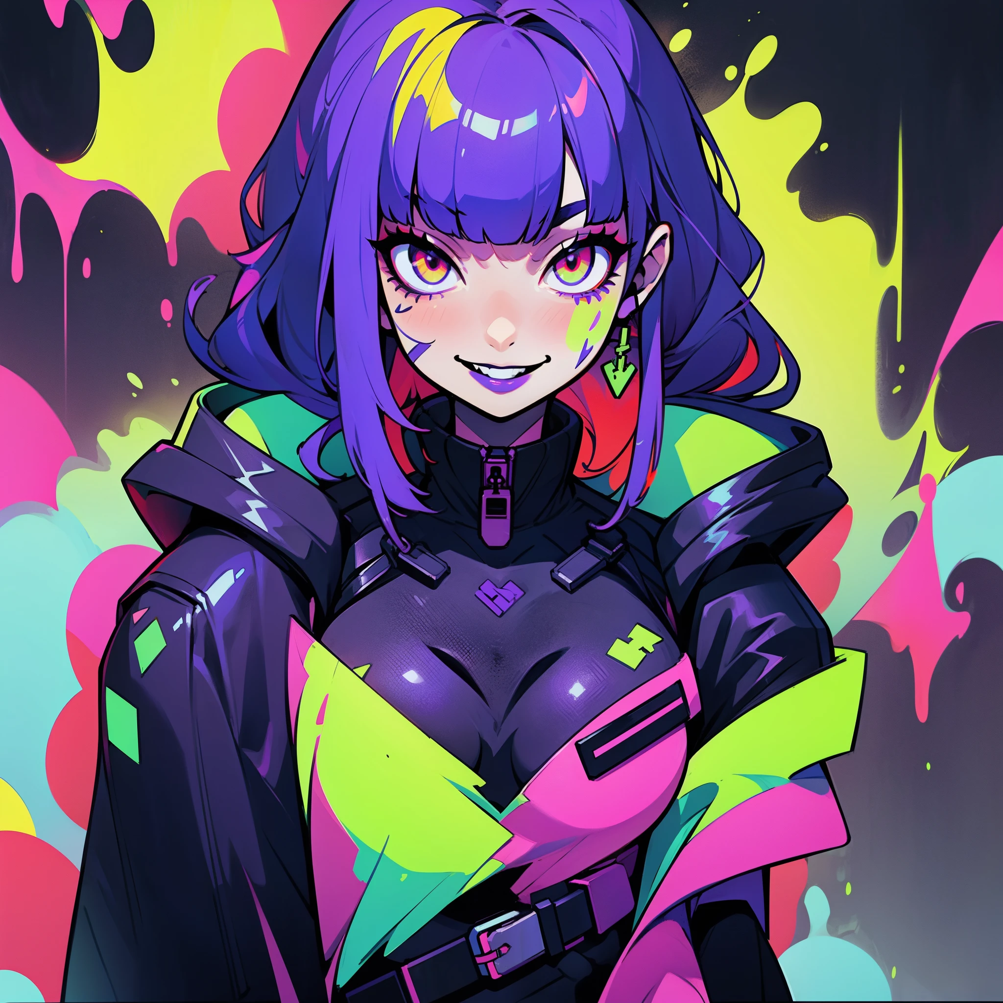 ((solo)). female character around 30 years old. mature body with large breasts and cleavage. wearing black clothing, a cyberpunk style outfit with a strappy harness. she has a cheeky smile. red eyes. long purple hair with straight bangs. She wears eyeliner and black lipstick on her lips. she looks a model on a clothing ad. a combined neon and greyscale color style. the background has abstract spray paint