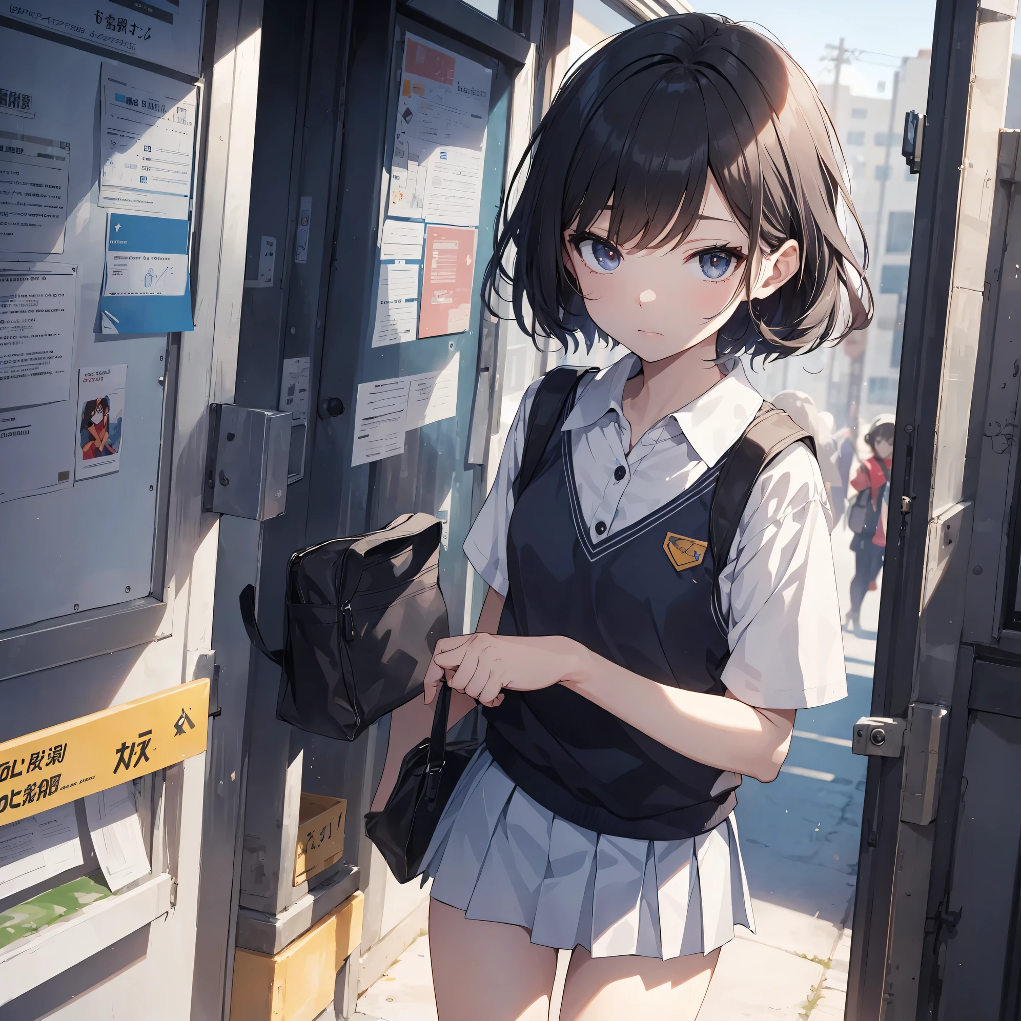 Super high quality by the art god, super detailed, High resolution,Ilya Kubshinov style, anime moe art style, best anime 8K konachan wallpaper, pixiv contest winner, perfect anatomy, break,(眠そうにalone学校へ行く女の子を描いてください. ),break, surreal high school girl, (alone,lolita, , 13 years old:1.3),All limbs, full finger,, androgynous charm, (very short hair), messy hair, flat chest, small ass, between legs, Small black eyes,beautiful and fine eyes, Well-proportioned iris and pupils, disgusted eyes, High resolutionの詳細な髪, wearing school uniform, (skirt), On the way to school. break,super dense skin, Best lighting by famous artists, 8K, figure,