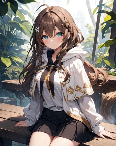 masterpiece,1girl, sparrow, a brown haired girl, wearing a priestess uniform, curly long hair, messy hair, black skirt, slim body, wearing white capelet with white hoody, medium breasts, she close her left eye, shirt ornament, lolippai, cheerfull expressio...