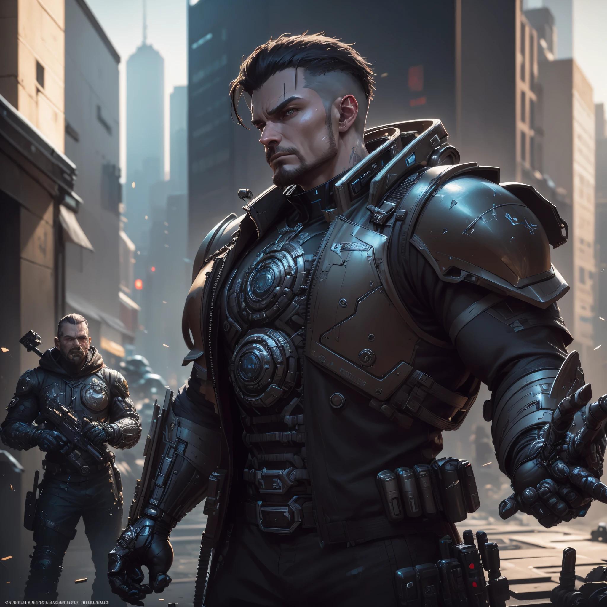 there is a man in a helmet and gloves holding a gun, unreal 6 breathtaking detailed, unreal engine character art, style of raymond swanland, inspired by Marek Okon, ray swanland, inspired by Raymond Swanland, unreal 5 render, wlop. scifi, cybernetic and highly detailed, hyper-realistic cyberpunk style, unreal engine', dark futuristic