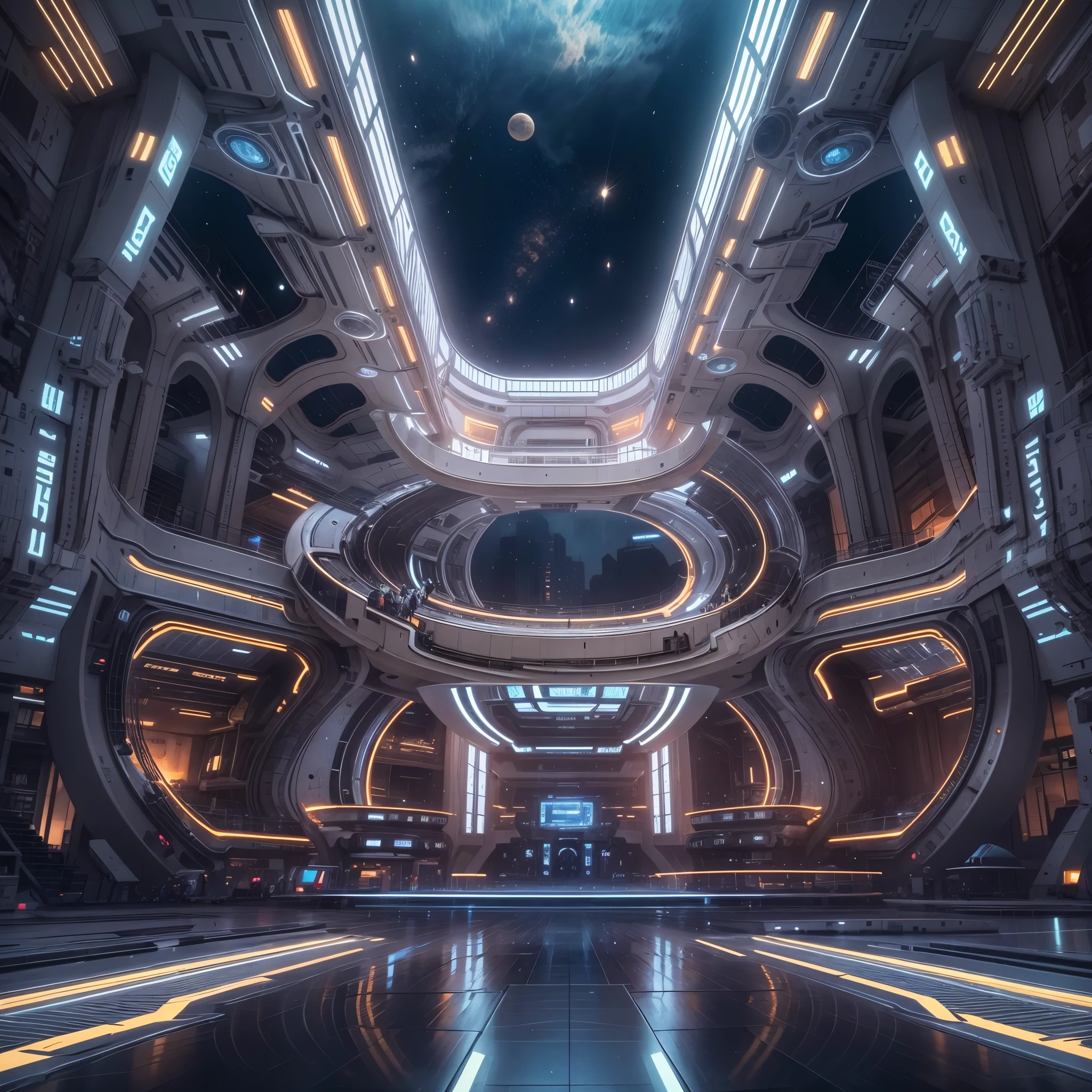 There is a huge spaceship floating in the starry sky here，There is a large viewing platform，There&#39;s a huge engine in the back, futuristic interior, sci-fi interior, Detailed futuristic architecture, gorgeous 3d render, stunning 3 d render