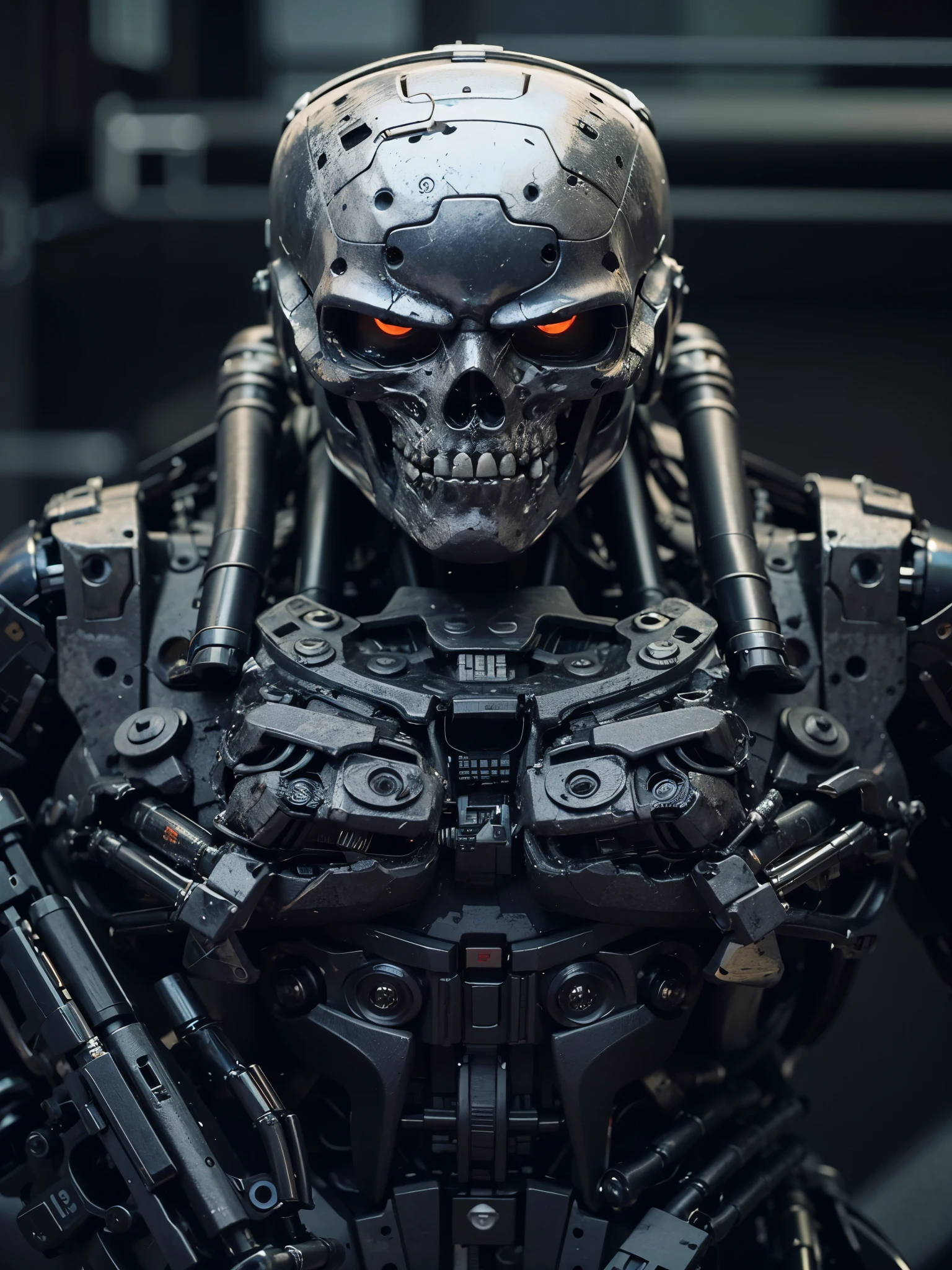 a close up of a robot with a gun in his hand, terminator skeleton, portrait of a cyber skeleton, cyberpunk skeleton, terminator art, portrait of terminator, terminator t 8 0 0, symmetry!! portrait of cyborg, portrait of a mech, evil robot, portrait of a cyberpunk machine, detailed portrait of a cyborg, detailed humanoid, cyber skeleton, terminator