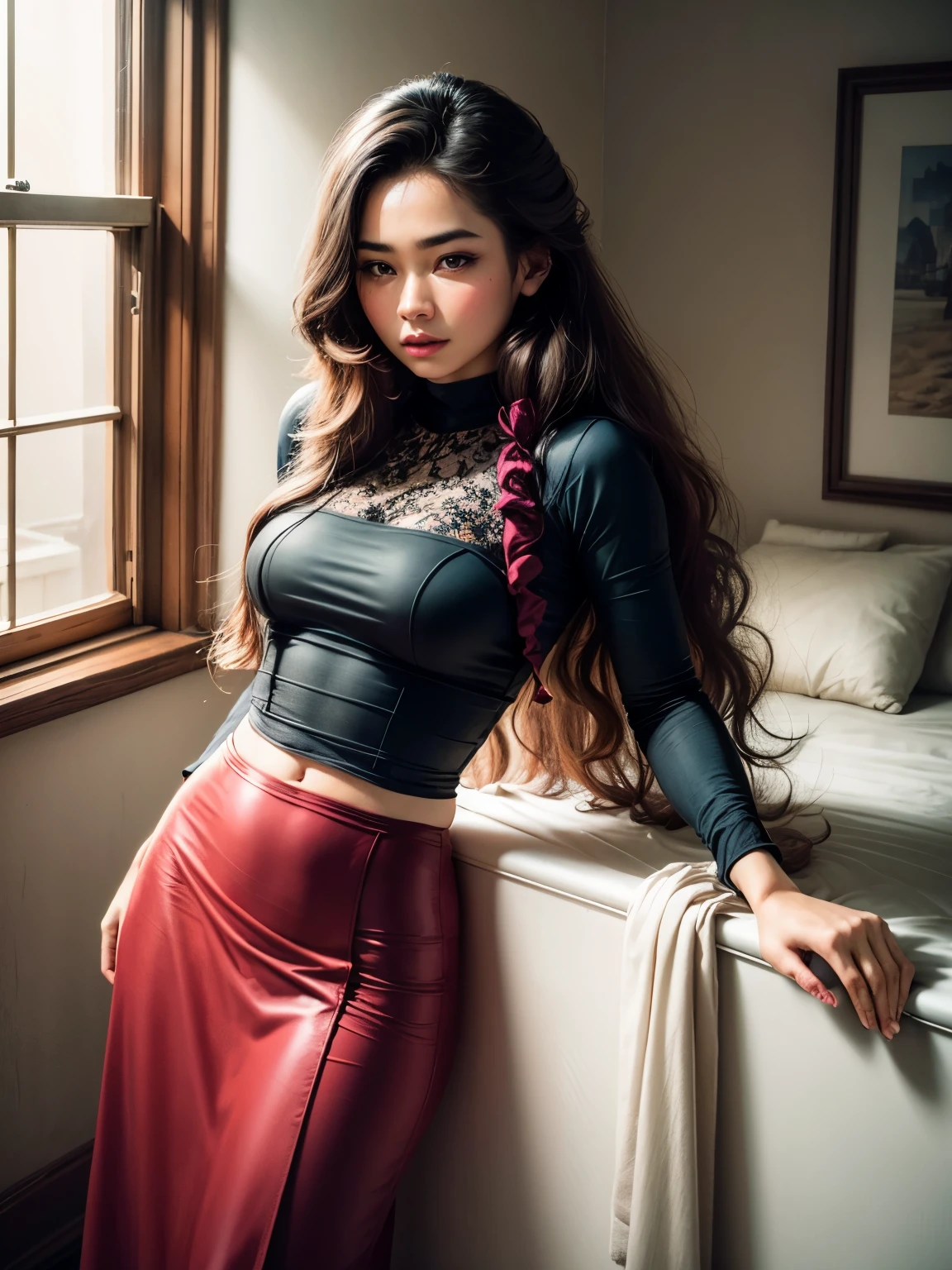 masterpiece, top quality, best quality, official art, beautiful and aesthetic:1.2), (1girl:1.3), , girl, long hair, volumetric lighting, ultra-high quality, photorealistic, acmm ls outfit, wearing acmm top, white acmm top, long sleeves, wearing acmm long skirt, olive green acmm long skirt, printed skirt