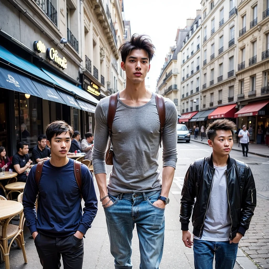 Ein extrem großer junger Riese mit chinesischem Aussehen, Gutaussehend, sportlich, kurze saubere Frisur, sanfte Augen, mit zwei kleinen Kerlen durch Pariser Cafés spazieren