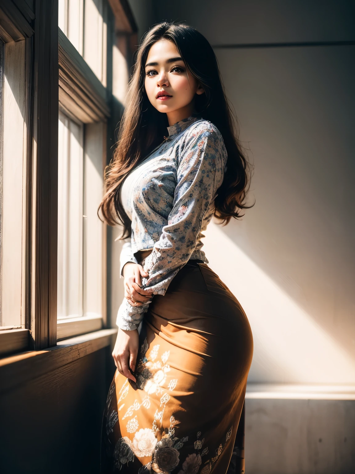 masterpiece, best quality, high resolution, realistic, Photorealistic, highly detailed, 1 woman, long hair, standing, jewelry, acmm ls outfit, wearing acmm top, orange acmm top, long sleeves, wearing acmm long skirt, orange acmm long skirt, printed skirt, sun light, 8k