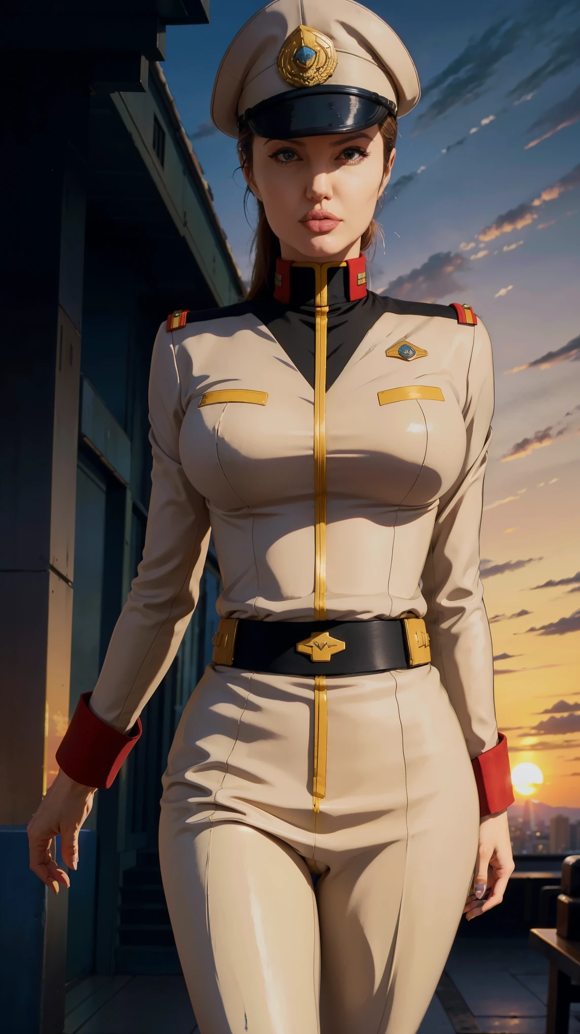 (((masterpiece,highest quality,In 8K,super detailed,High resolution,anime style,Absolutely))),(A female Earth Federation Forces officer is walking.:1.5),(solo:1.5),((ten-hut:1.5)),(Angelina jolie:1.5),((The background is a big sunset:1.5)),((blur background:1.5))),BREAK (Wearing the uniform of the Earth Federation Forces:1.5),(Wearing a federal officer&#39;s hat:1.5),(Beautiful woman:1.4),(Detailed facial depiction:1.4),(beautiful hands:1.4),(detailed hands:1.2),(wallpaper:1.5),(whole body:1.5),((overlooking:1.5))