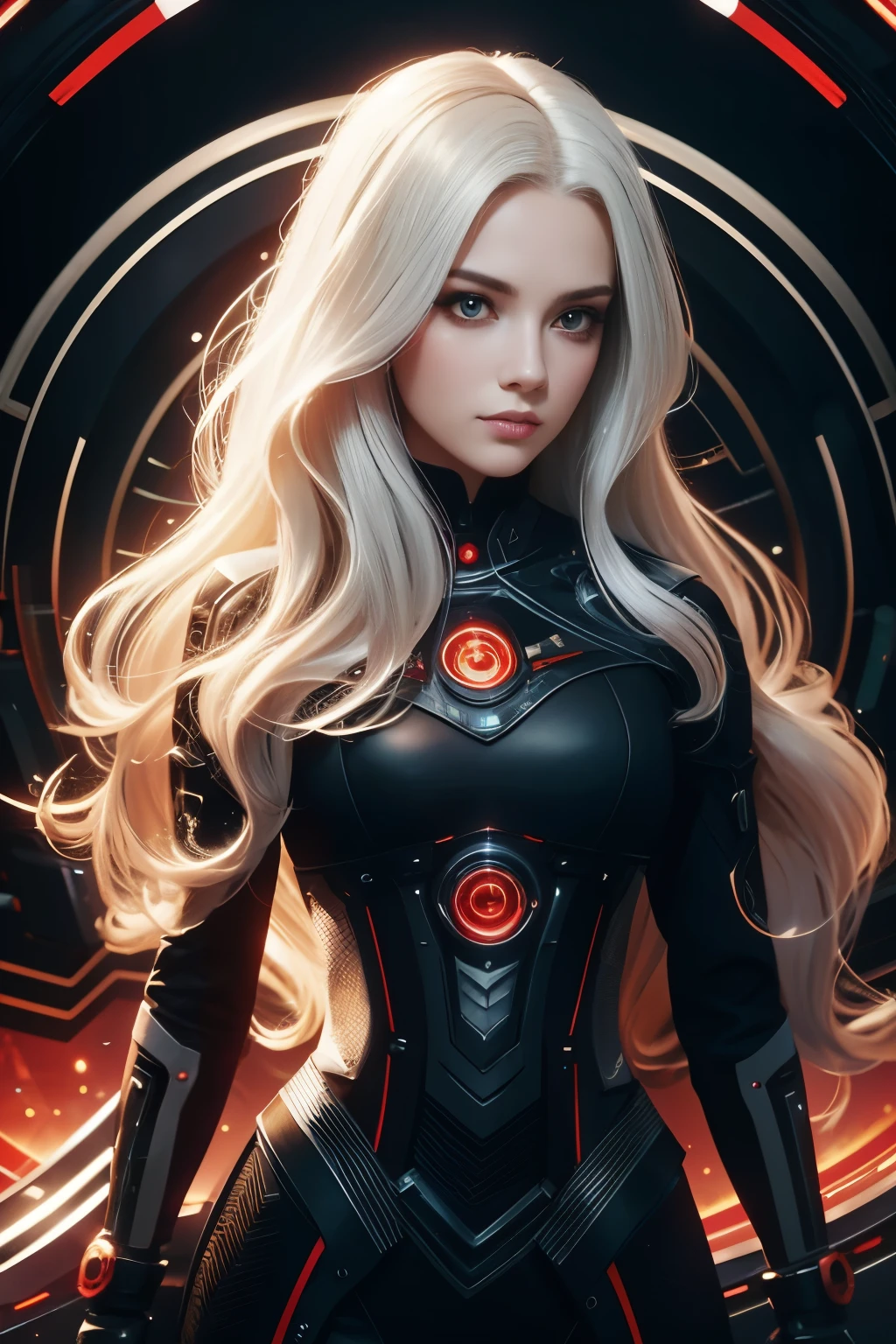 Portrait of a beautiful girl with wavy white hair, wearing a formal black dress with metal parts, red eyes, monograms in the background, digital painting, dark colors, 8k, complex details, vintage, retro futuristic style, sharp focus on the center, pastel colors, art station, (sci-fi, future, future theme), (facial expression looking with disdain), (detailed illustration)