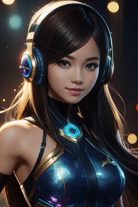 a close up of a girl with headphones on smiling, 8k artgerm bokeh, rossdraws global illumination, league of legends character, s...