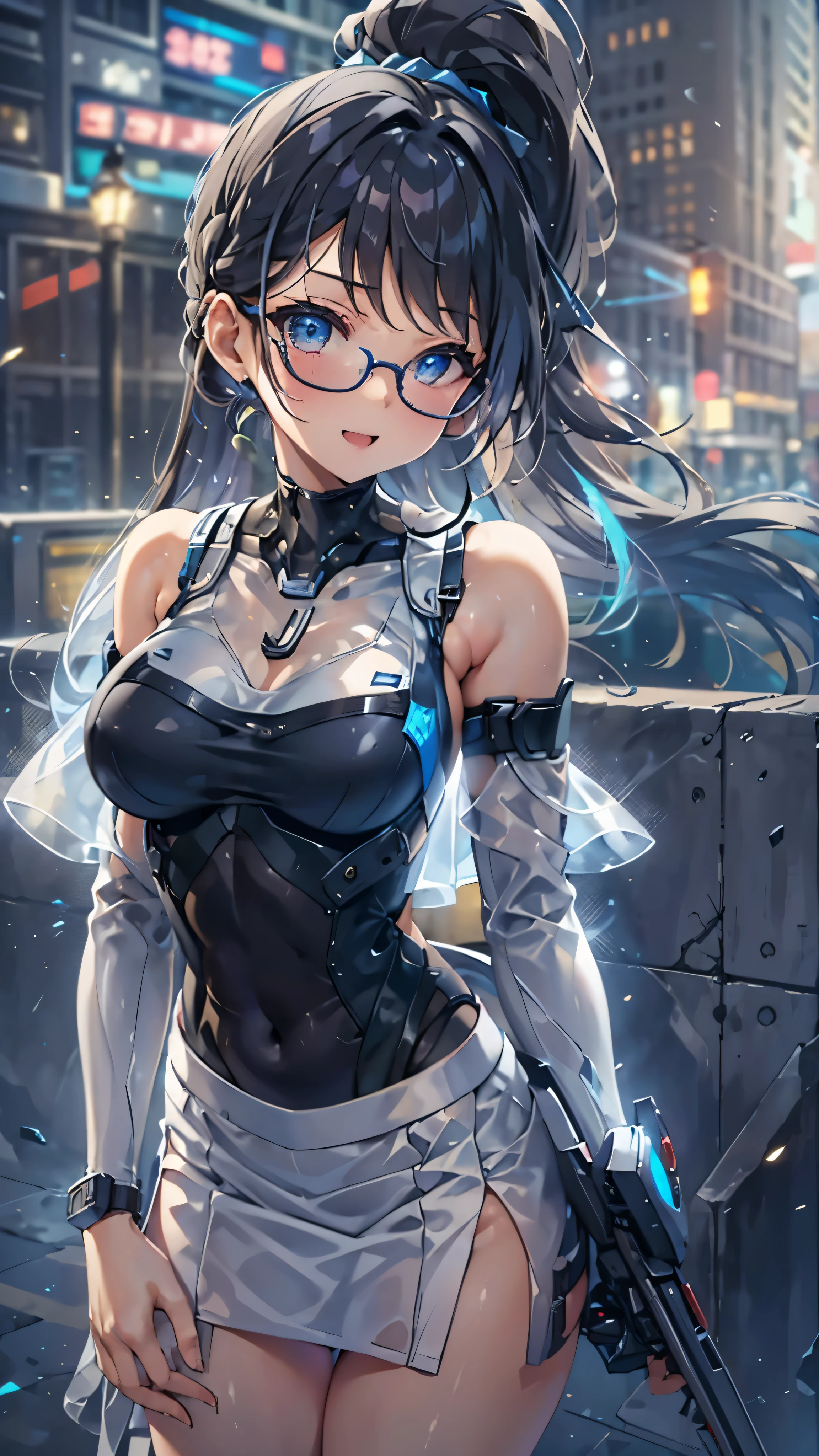 woman,14 years old,,city,night,(((white and blue tight miniskirt bodysuit))),,open mouth smile((See-through))Glasses,((Beautiful long ponytail)),((baby girl body shape))