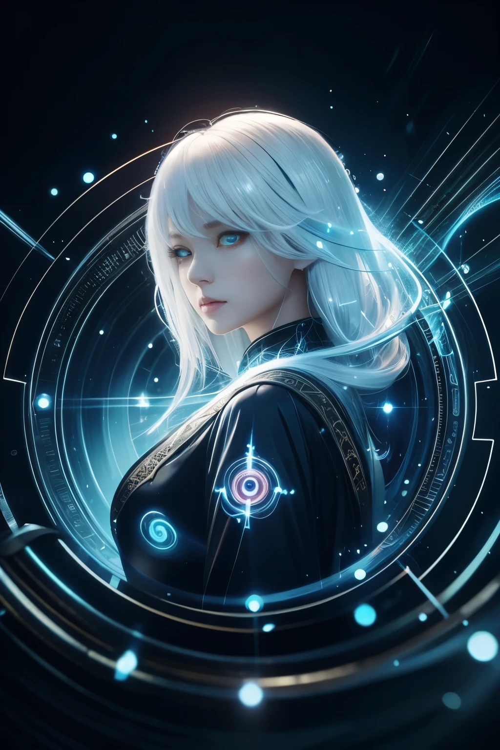 ((upper body)), best quality, masterpiece, a Japanese woman with ((Luminescence white hair)), ((detailed pearl blue eye)), high detailed goddess soul, focus on character, solo, (style swirl magic), solo, from front, front view, looking at viewer, detailed face, ((Luminescence Lighting Magic Circle theme)), perched on a ledge, tight neon body, light streaks, dark abyssal wanderer abstract, ((Simple Luminescence Neon Gown)), inscribed with mystical runes, outdoor dystopian background,