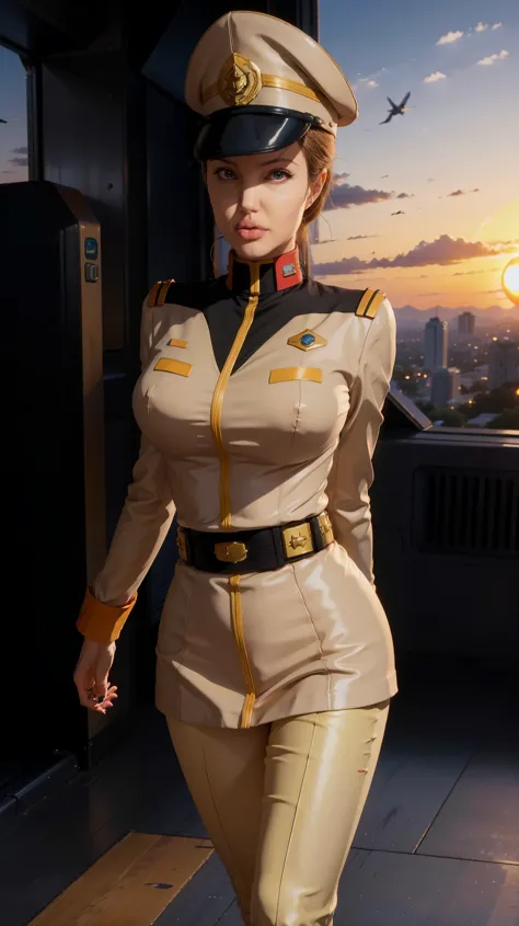 (((masterpiece,highest quality,In 8K,super detailed,High resolution,anime style,Absolutely))),(A female Earth Federation Forces officer is walking.:1.5),(solo:1.5),((ten-hut:1.5)),(Angelina jolie:1.5),(((The background is a big sunset:1.5))),((blur backgro...