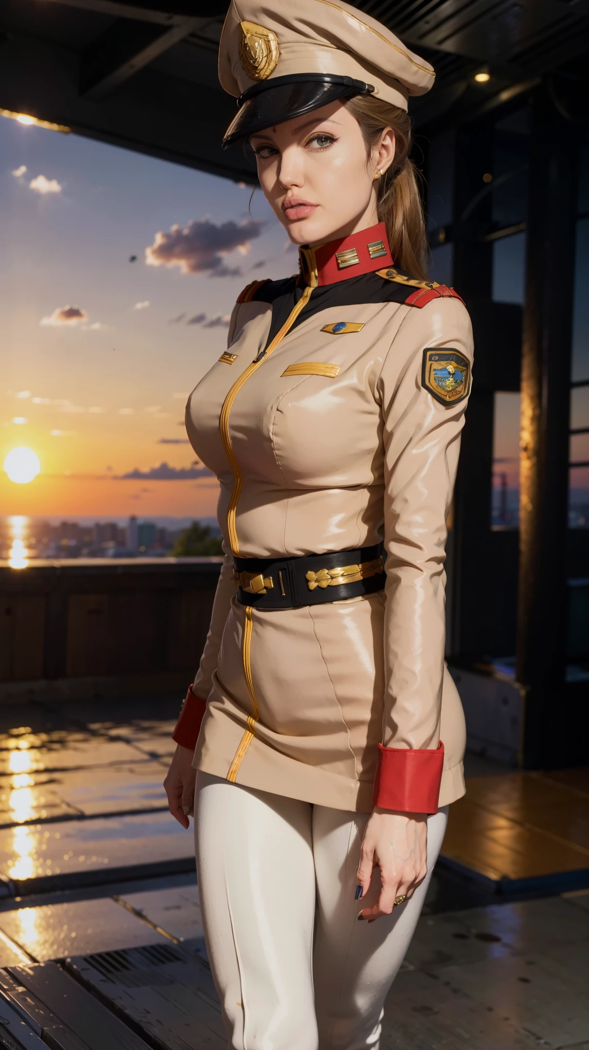 (((masterpiece,highest quality,In 8K,super detailed,High resolution,anime style,Absolutely))),(A female Earth Federation Forces officer is walking.:1.5),(solo:1.5),((ten-hut:1.5)),(Angelina jolie:1.5),((The background is a big sunset:1.5)),((blur background:1.5))),BREAK (Wearing the uniform of the Earth Federation Forces:1.5),(Wearing a federal officer&#39;s hat:1.5),(Beautiful woman:1.4),(Detailed facial depiction:1.4),(beautiful hands:1.4),(detailed hands:1.2),(wallpaper:1.5),(whole body:1.5),(From above:1.5)