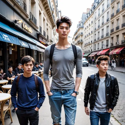 An extremely tall young Chinese-looking giant, handsome, athletic, short clean hairstyle, soft eyes, walking with two short guys...