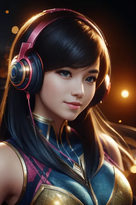 a close up of a girl with headphones on smiling, 8k artgerm bokeh, rossdraws global illumination, league of legends character, s...