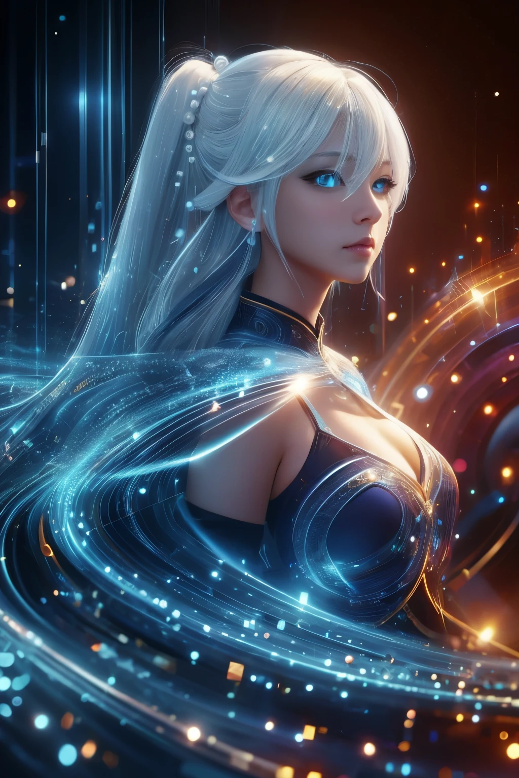 ((upper body)), best quality, masterpiece, a Japanese woman with ((Luminescence white hair)), ((detailed pearl blue eye)), high detailed goddess soul, focus on character, solo, (style swirl magic), solo, from front, front view, looking at viewer, detailed face, ((Luminescence Lighting Magic Circle theme)), perched on a ledge, tight neon body, light streaks, dark abyssal wanderer abstract, ((Simple Luminescence Neon Gown)), inscribed with mystical runes, outdoor dystopian background,